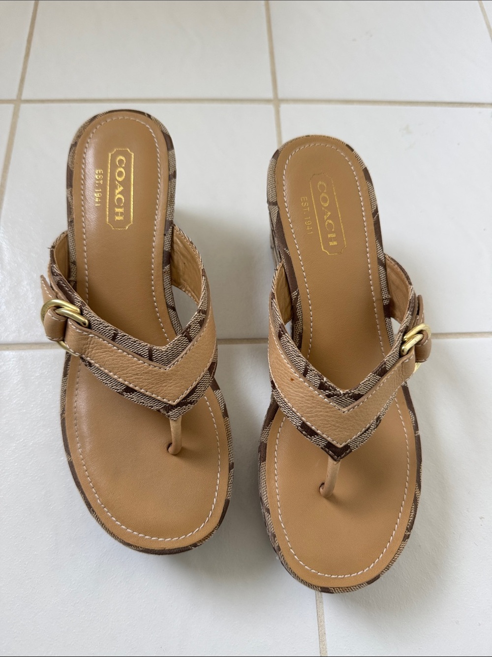 COACH Tan Leather & Signature Canvas Thong Sandals with Gold Buckle